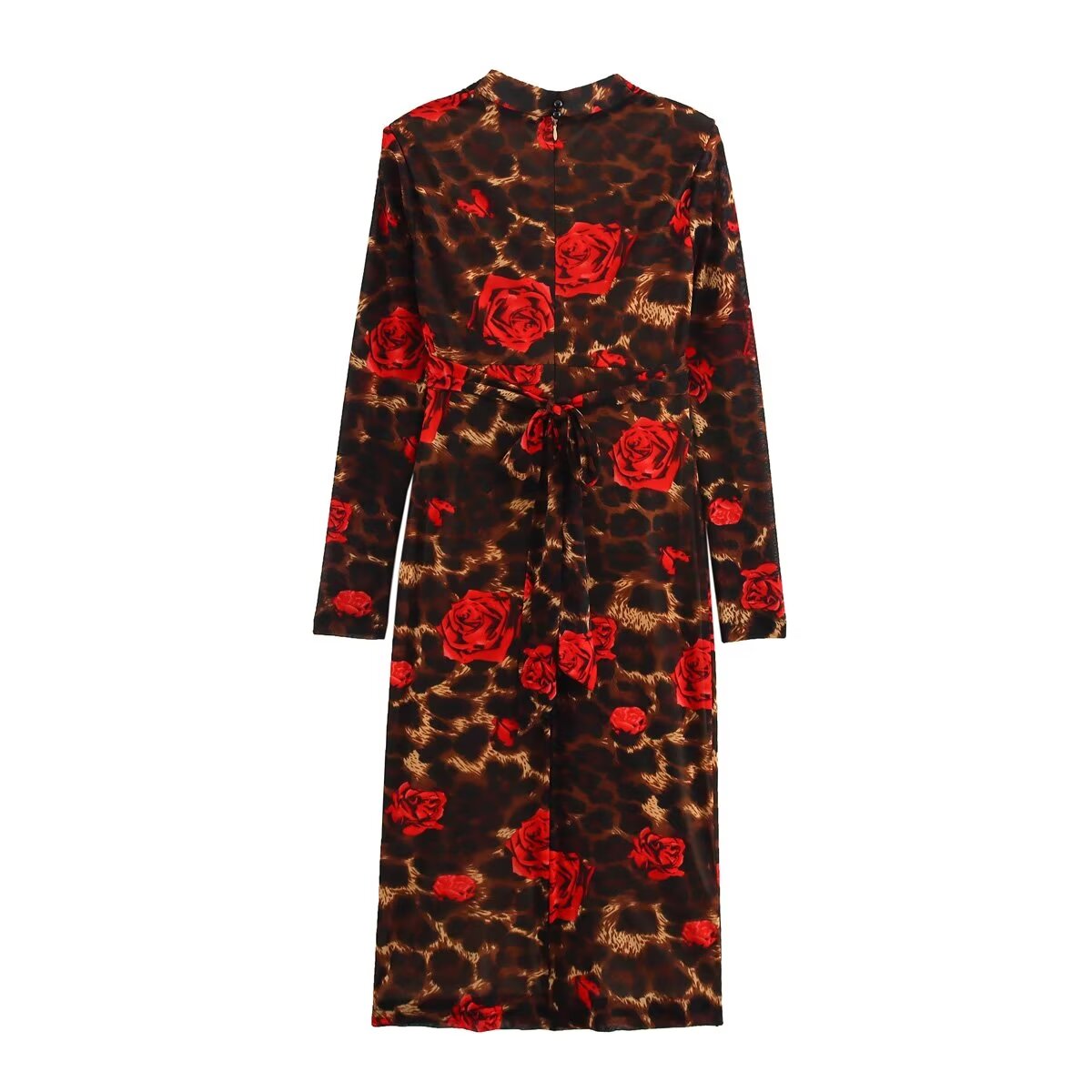 Winter V neck Slim Knitted Leopard Rose Print Sheath Long Sleeve Dress